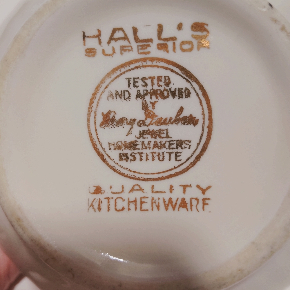 Hall's Superior Jewel Tea Autumn Leaf Drip Jar Bowl w/Lid Gilding Vtg Farmhouse - Picture 8 of 11